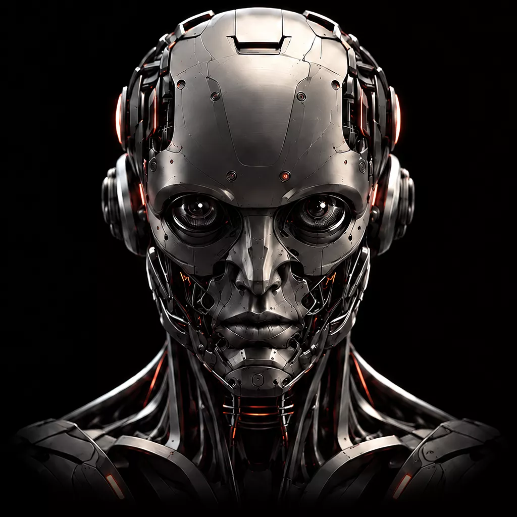 A silver cybernetic face against a black background